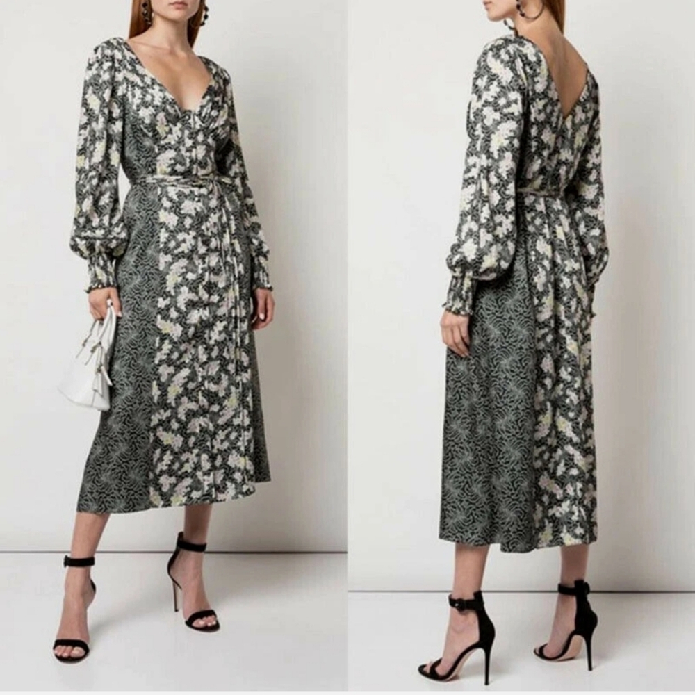 cinq a sept Green and White Floral Midi Dress